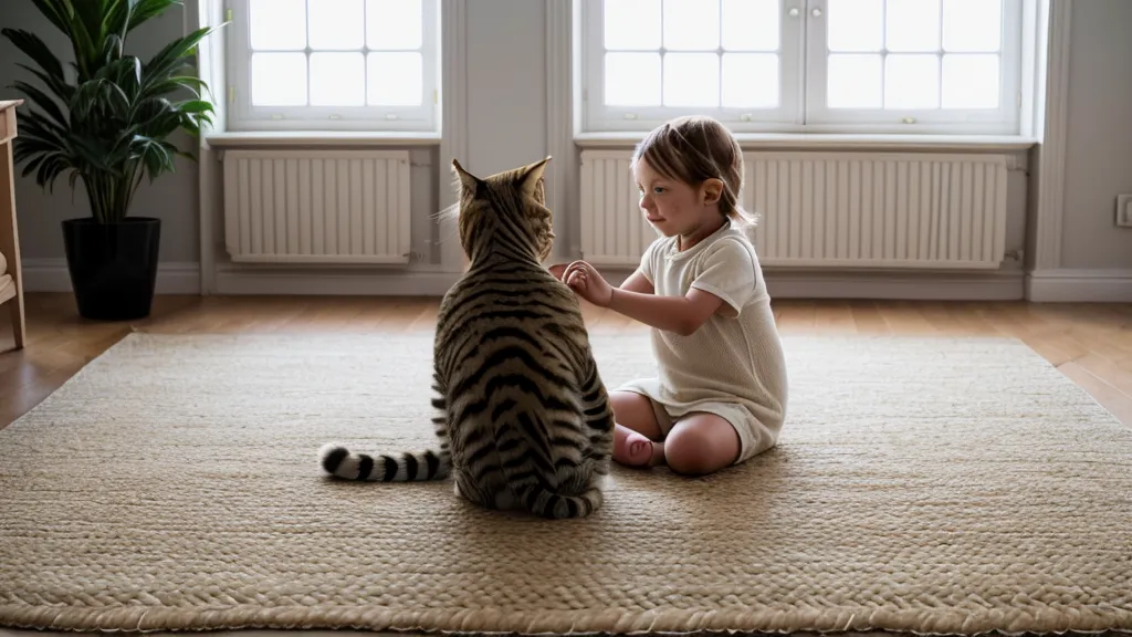 Un enfant et un chat partageant un espace de vie de manière respectueuse et calme.