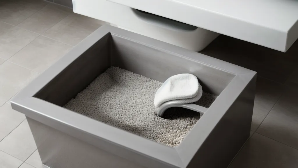 Bac à litière propre placé dans un coin calme de salle de bain