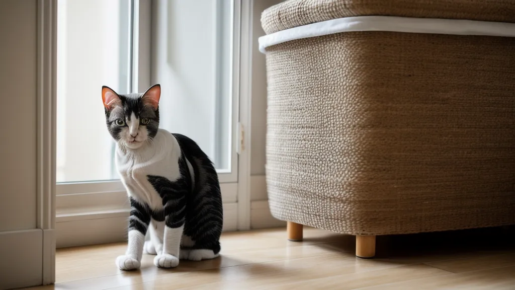 Chat étiré de tout son long contre un griffoir vertical, résultat d'un aménagement intérieur adapté