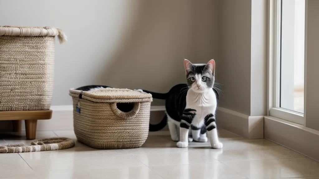 Chat calme dans un petit appartement, résultat d'une meilleure organisation de la litière
