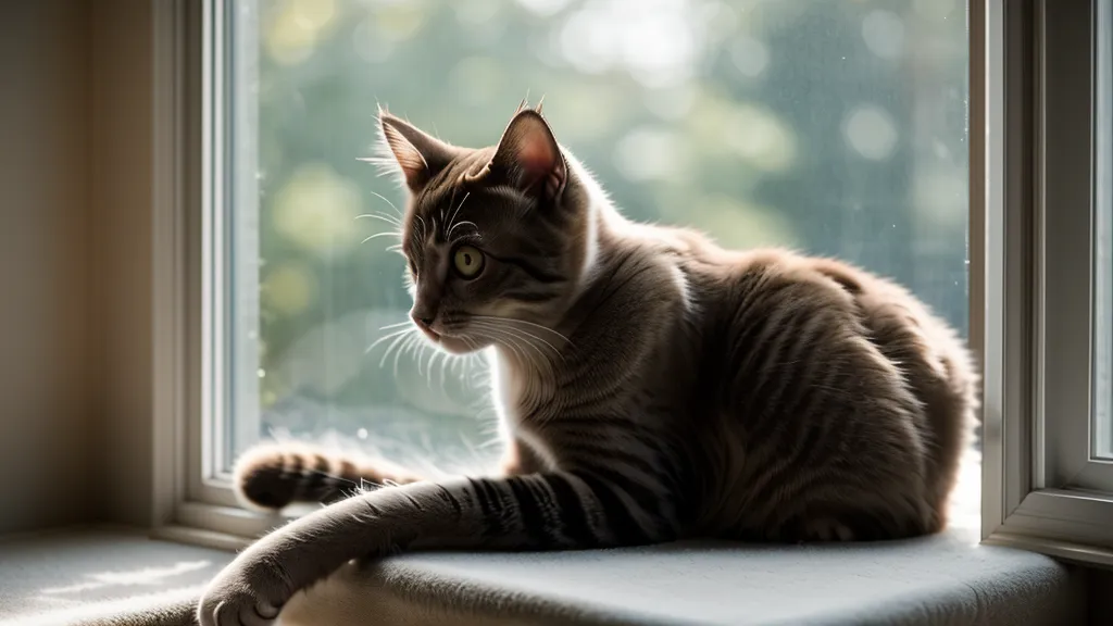 Chat serein à la fenêtre d'un studio, comportement félin apaisé après les ajustements de la litière