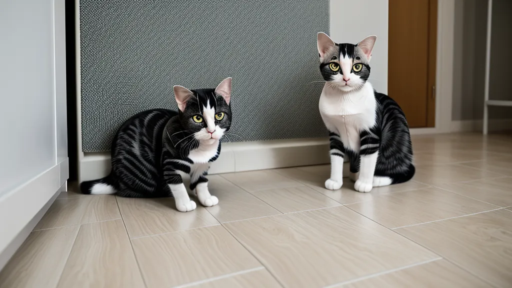 Chat reniflant un tapis dans un salon, signe de langage corporel lié au stress et à la propreté