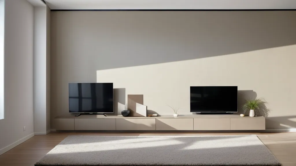 Télévision fixée au mur hors de portée du chat dans un salon calme