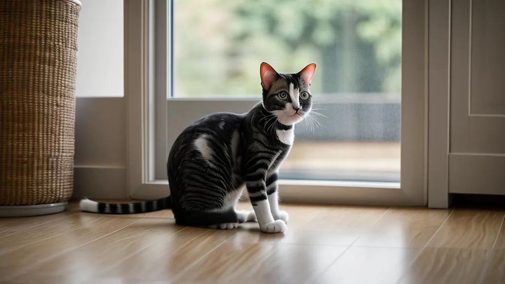 Chat observant son bac à litière dans un coin calme de la salle de bain, un repère pour la propreté du chat