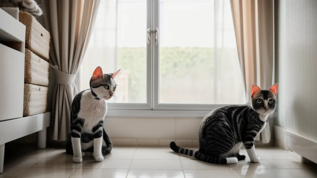 Chat hésitant au pied de l'escalier, signe d'un problème de propreté et de comportement félin à corriger en douceur