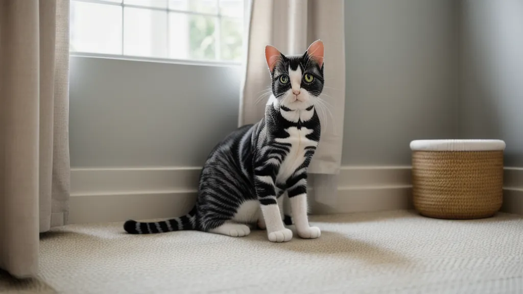 Chat reniflant la rampe de l'escalier, comportement félin typique lié au marquage territorial et à la méthode douce de gestion par étage