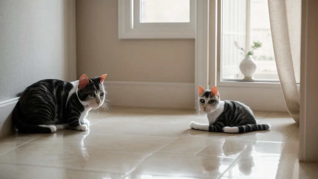 Gros plan des pattes d'un chat sur un paillasson en fibres dans un appartement.