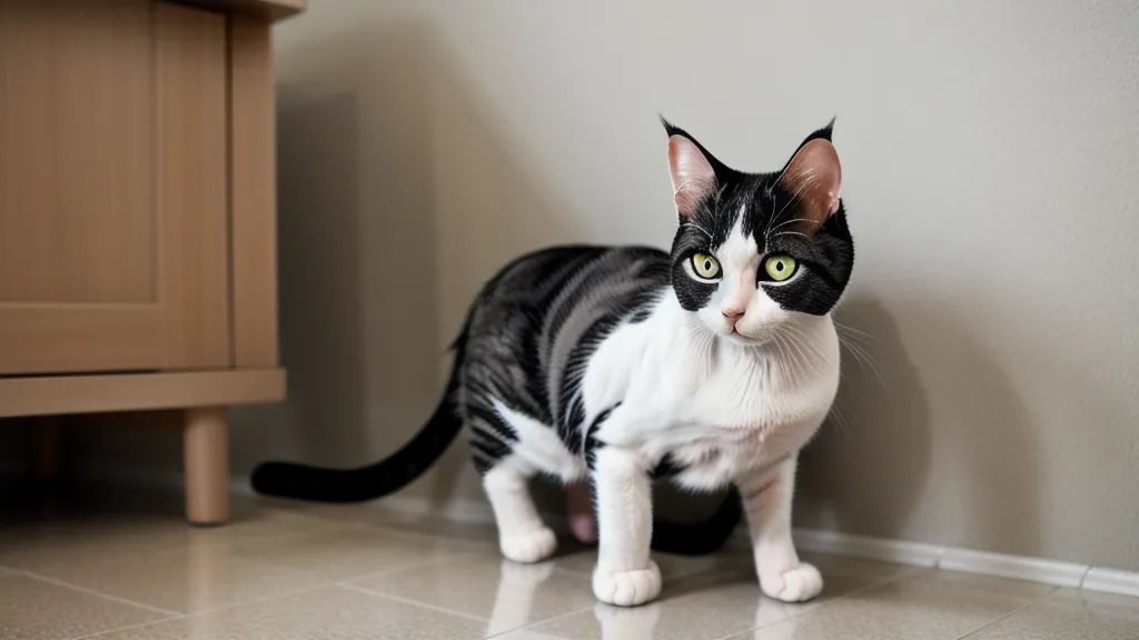 Un chat observant le bas d'une porte d'entrée dans un appartement calme.