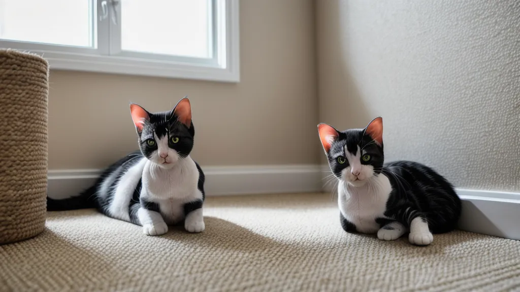 Chat domestique qui urine sur une poussette dans une entrée d'appartement, illustrant un problème de propreté et de marquage urinaire