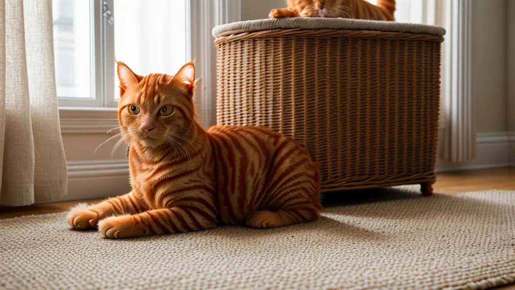 Chat apaisé sur un tapis près de son panier de transport
