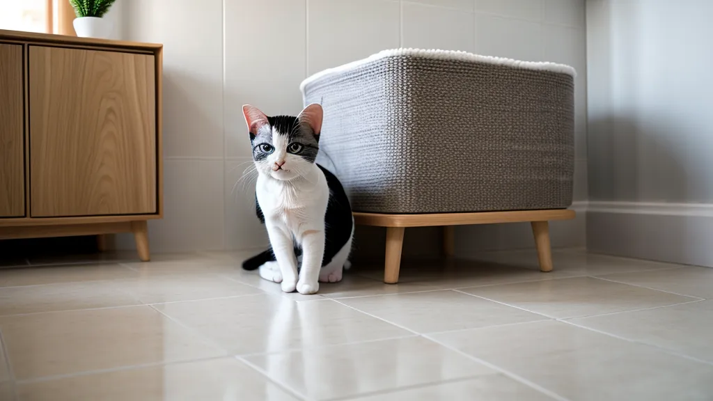 Bac à litière à bords hauts installé dans un coin calme du salon, une alternative pour limiter la malpropreté du chat