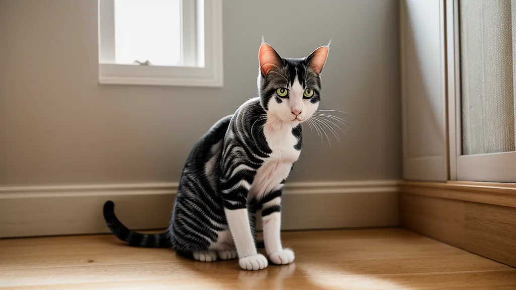Chat observant curieusement une zone sur le parquet du salon