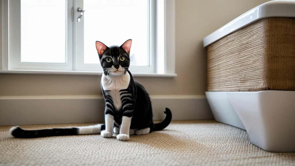 Aménagement intérieur pensé pour la propreté du chat : litière dans un bureau calme avec vue dégagée
