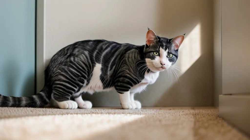 Chat détendu sur un tapis, signe que l'épisode de pipi hors litière est enfin derrière lui