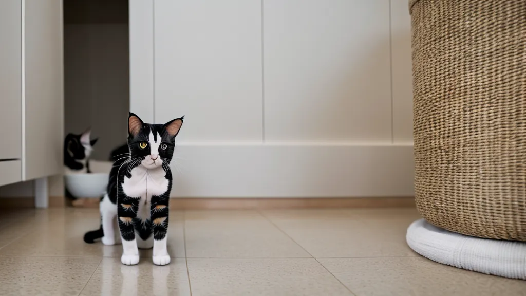 Chat mangeant sur une surface séparée de sa litière, une solution simple pour la vie en appartement