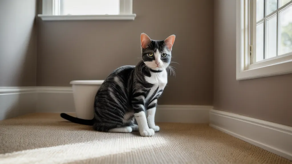 Pattes d'un chat sur un tapis de couloir à côté du bac : selles hors de la litière alors que l'urine reste dedans