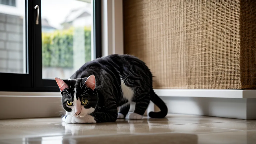 Chat âgé étiré au soleil sur un parquet, détendu dans un intérieur où sa litière a été adaptée à son confort