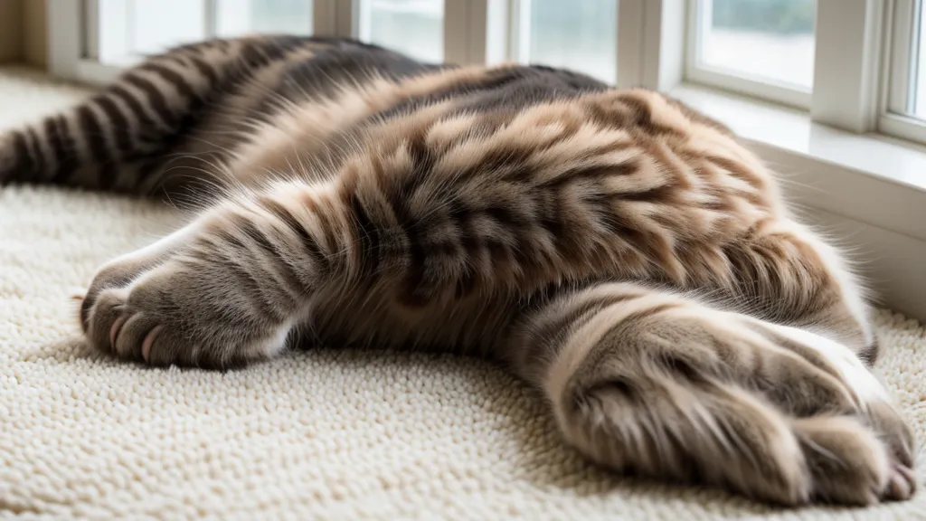 Gros plan des pattes d'un chat sur la texture d'un tapis en laine.