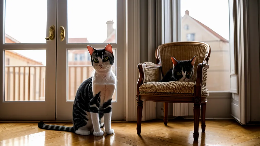 Un chat se frottant contre son griffoir dans une ambiance sereine au coucher du soleil.