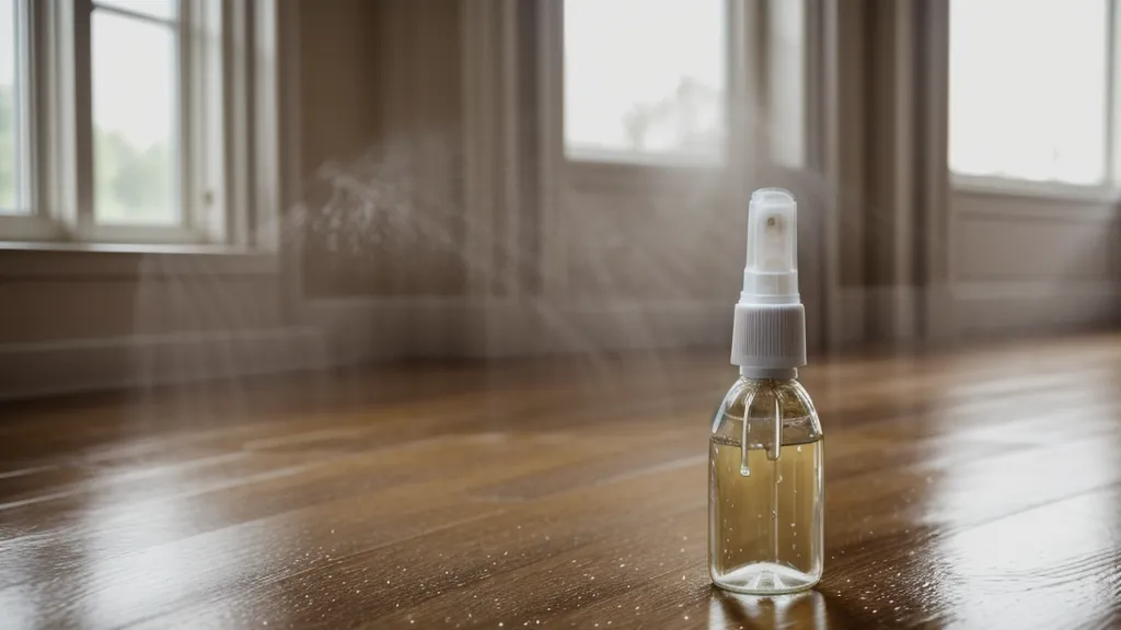 Bouteille de nettoyant enzymatique sur un sol propre à côté d'une patte de chat