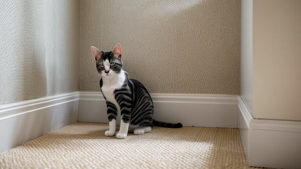 Chat détendu qui regarde par la fenêtre, comportement félin apaisé après un problème de propreté résolu