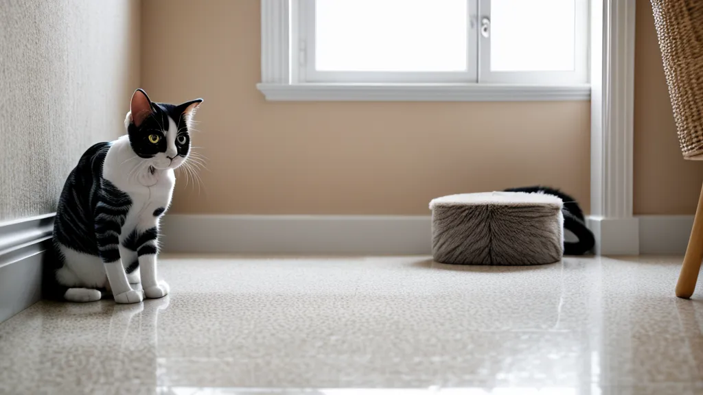 Chat près d'une litière propre, signe de propreté retrouvée et de bien-être félin